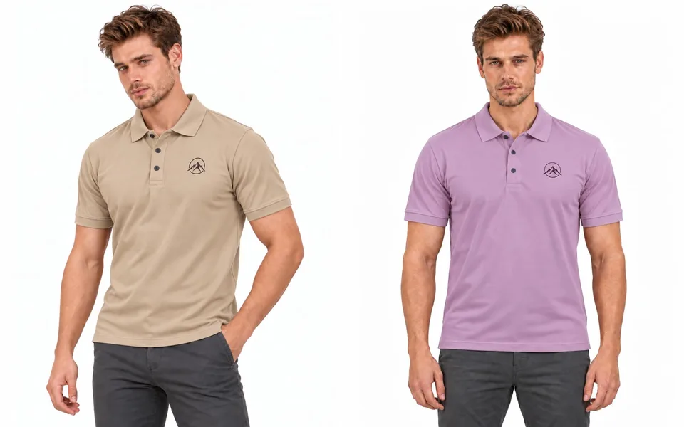 The beige polo and the lavender polo, each worn with charcoal trousers