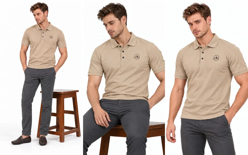 A beige polo shirt worn with charcoal trousers: full length with loafers, seated, and standing with a hand in the pocket