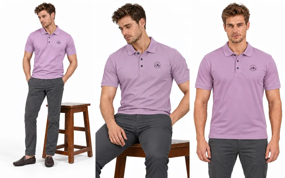 A lavender polo shirt worn with charcoal trousers: full length with loafers, seated, and standing