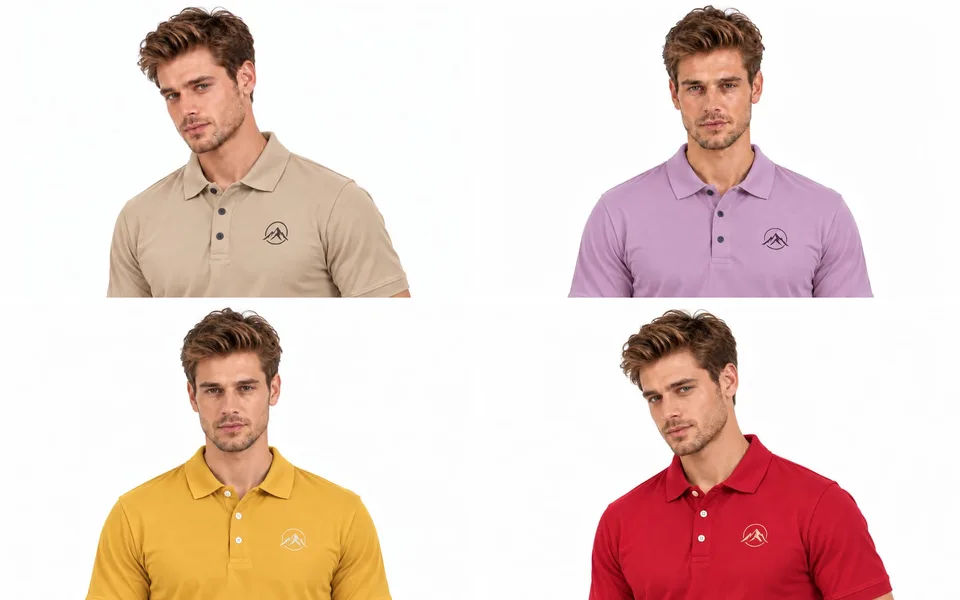 The Mountain Explora logo polo in beige, lavender, mustard yellow and red