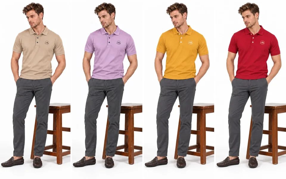 Full-length photographs of the Mountain Explora logo polo in beige, lavender, mustard yellow and red, worn with charcoal trousers