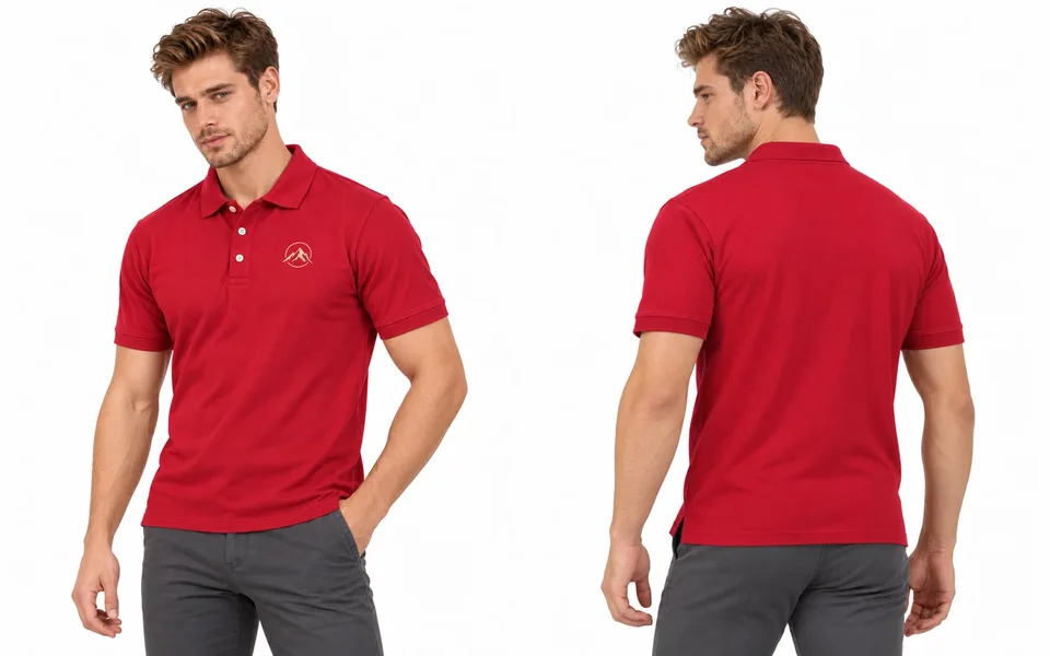 Front and back views of the Mountain Explora logo polo in red: emblem on the left chest, plain back, side vents at the hem