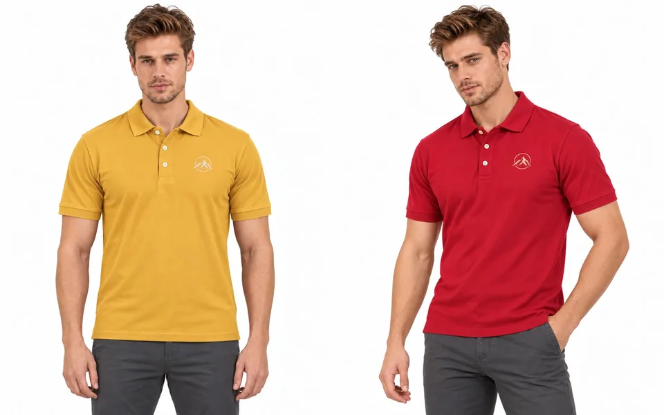 The mustard yellow polo and the red polo, each worn with charcoal trousers
