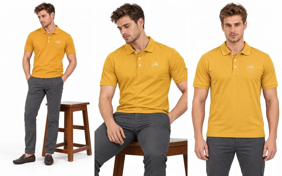 A mustard yellow polo shirt worn with charcoal trousers: full length with loafers, seated, and standing