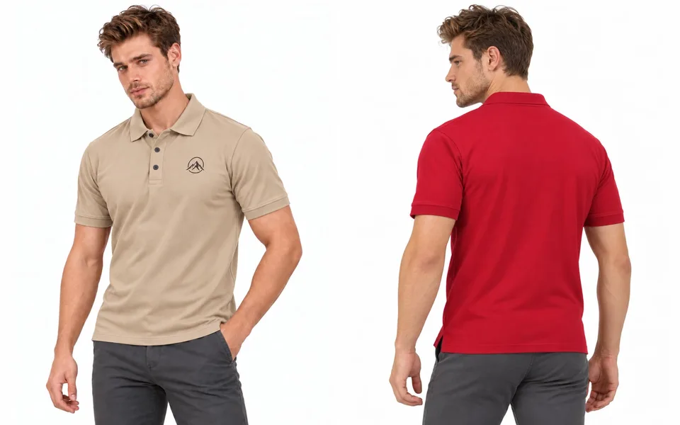 A beige polo from the front and a red polo from the back: chest width is measured across the front, shoulder width across the back