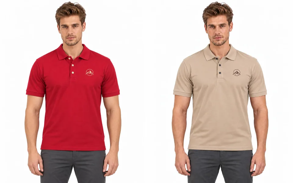 A red polo shirt and a beige polo shirt seen from the front, showing the collar and the three-button placket that set a polo apart from a T-shirt