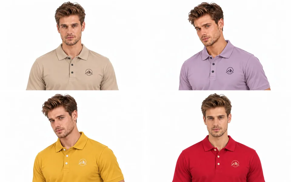 Four polo shirt colours side by side: beige, lavender, mustard yellow and red