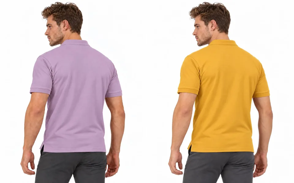 Back views of a lavender and a mustard yellow polo showing the shoulder seams at the edge of the shoulders and the hem length