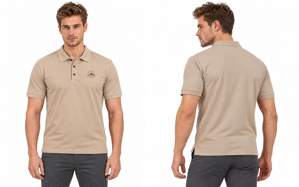 Front and back view of a beige polo shirt showing where the shoulder seams, sleeves and hem sit