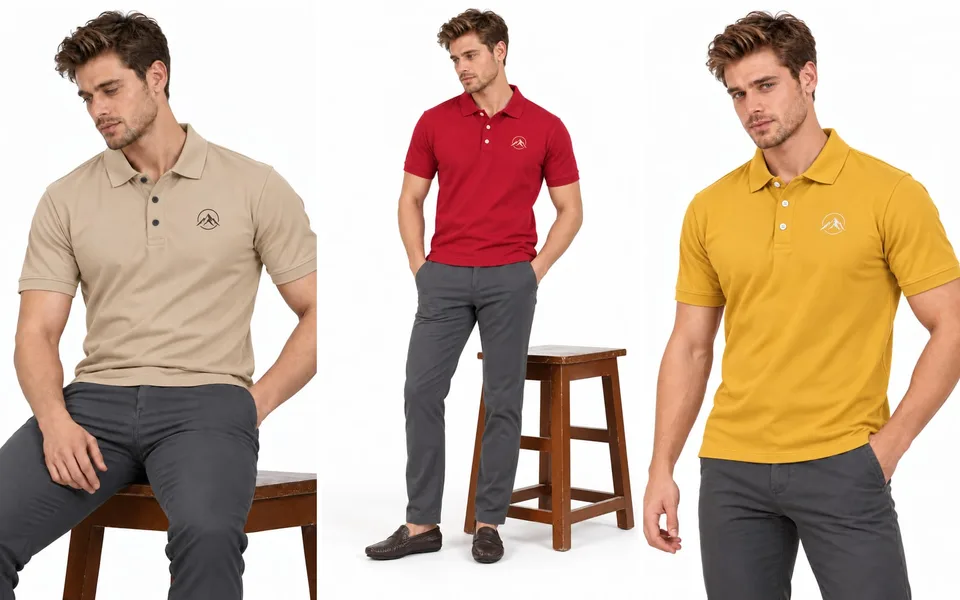 Three ways of wearing a polo shirt with charcoal trousers: seated in beige, standing in red, hand in pocket in mustard yellow