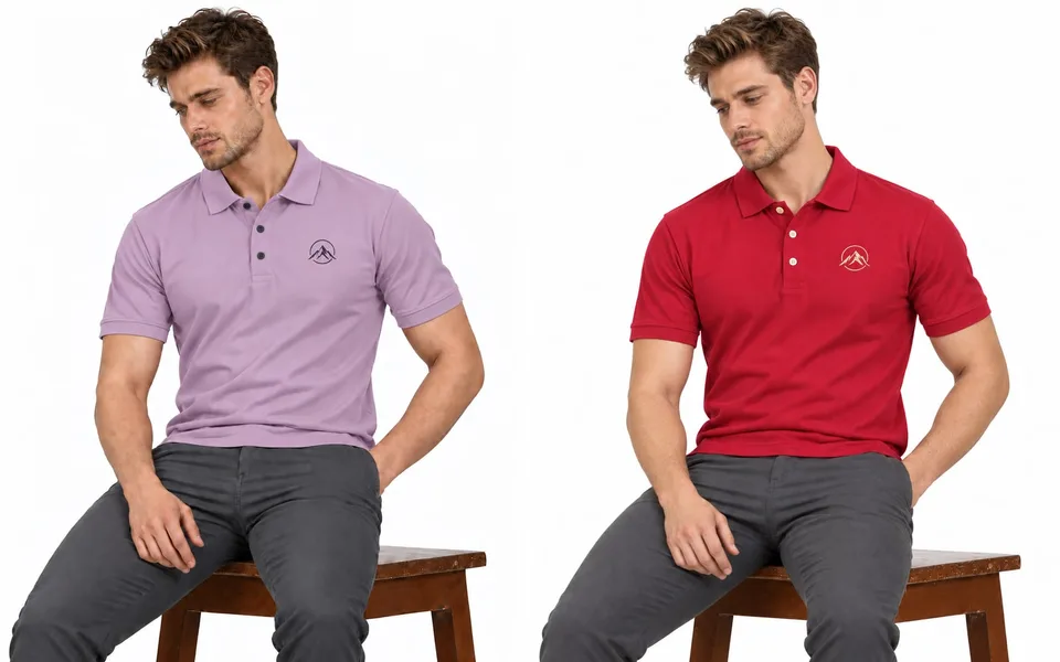 A lavender polo and a red polo worn untucked with charcoal tailored trousers