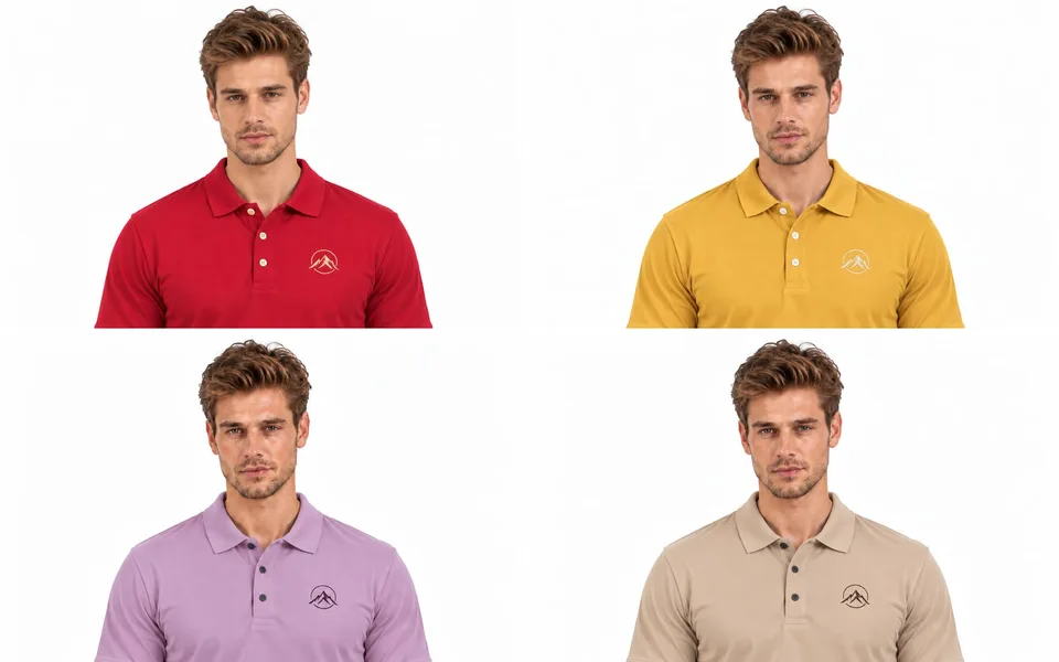 The same polo shirt in red, mustard yellow, lavender and beige, the four colours a team can choose from