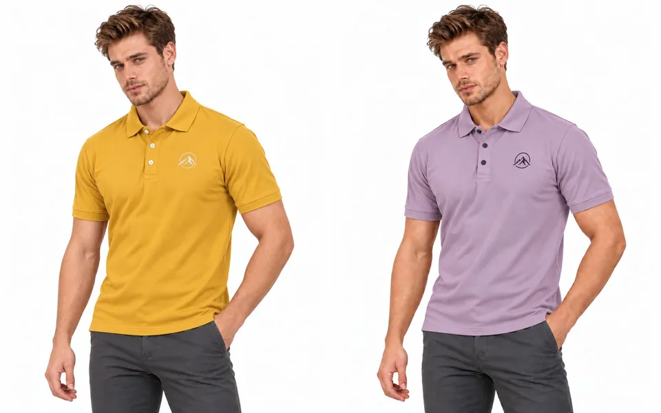 A mustard yellow polo shirt and a lavender polo shirt, each with a smooth front and the collar lying flat