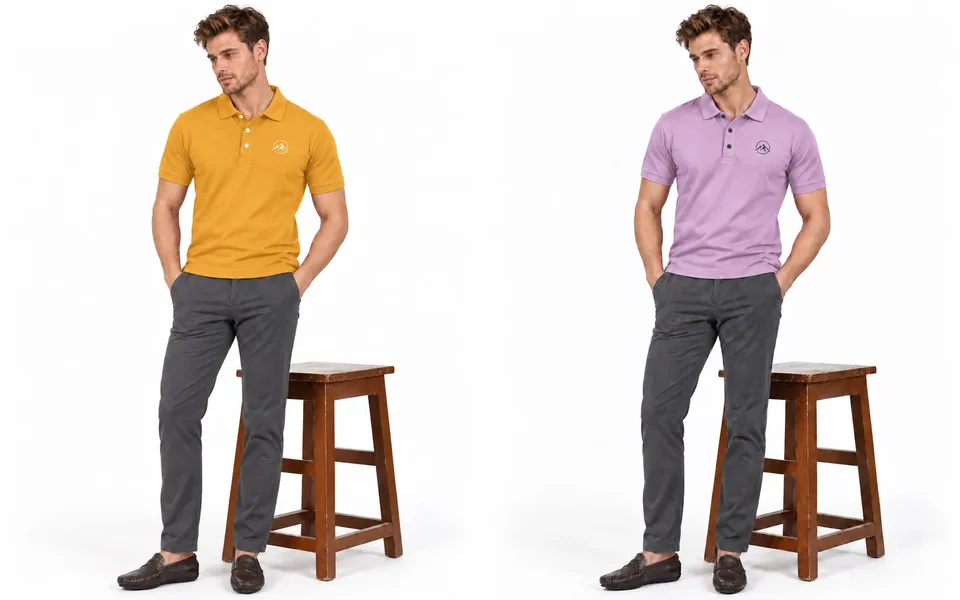 A mustard yellow polo and a lavender polo worn with charcoal trousers and loafers