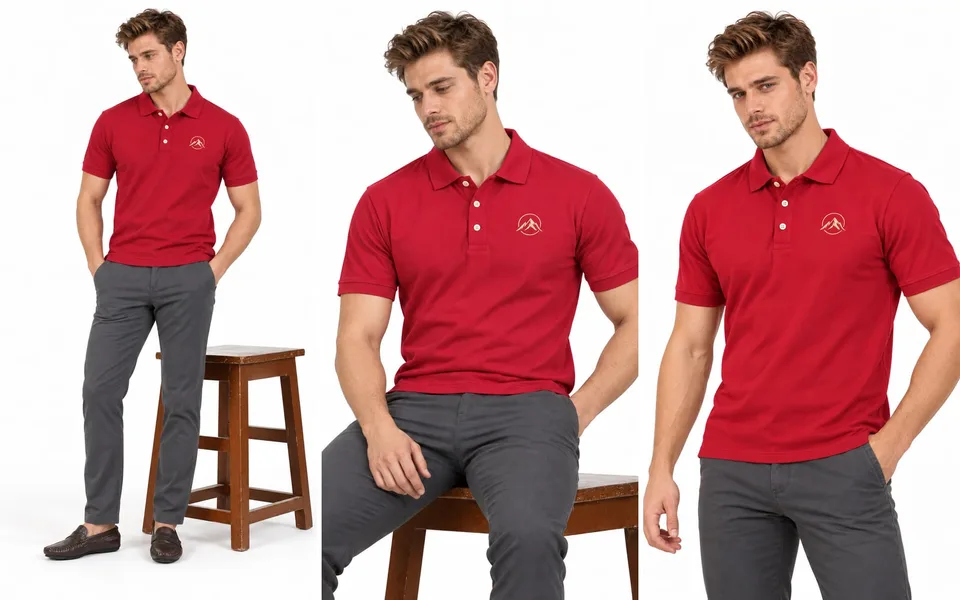 A red polo shirt worn with charcoal trousers: full length with loafers, seated, and standing with a hand in the pocket
