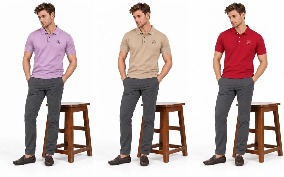Three smart-casual outfits: a lavender, a beige and a red polo shirt, each worn with charcoal trousers and dark loafers